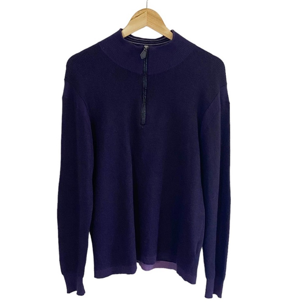 Robert Graham 100% Wool Purple Half Zip Sweater w Leather Elbow Patches